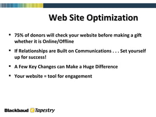 Web Site Optimization 75% of donors will check your website before making a gift whether it is Online/Offline If Relationships are Built on Communications . . . Set yourself up for success! A Few Key Changes can Make a Huge Difference  Your website = tool for engagement 