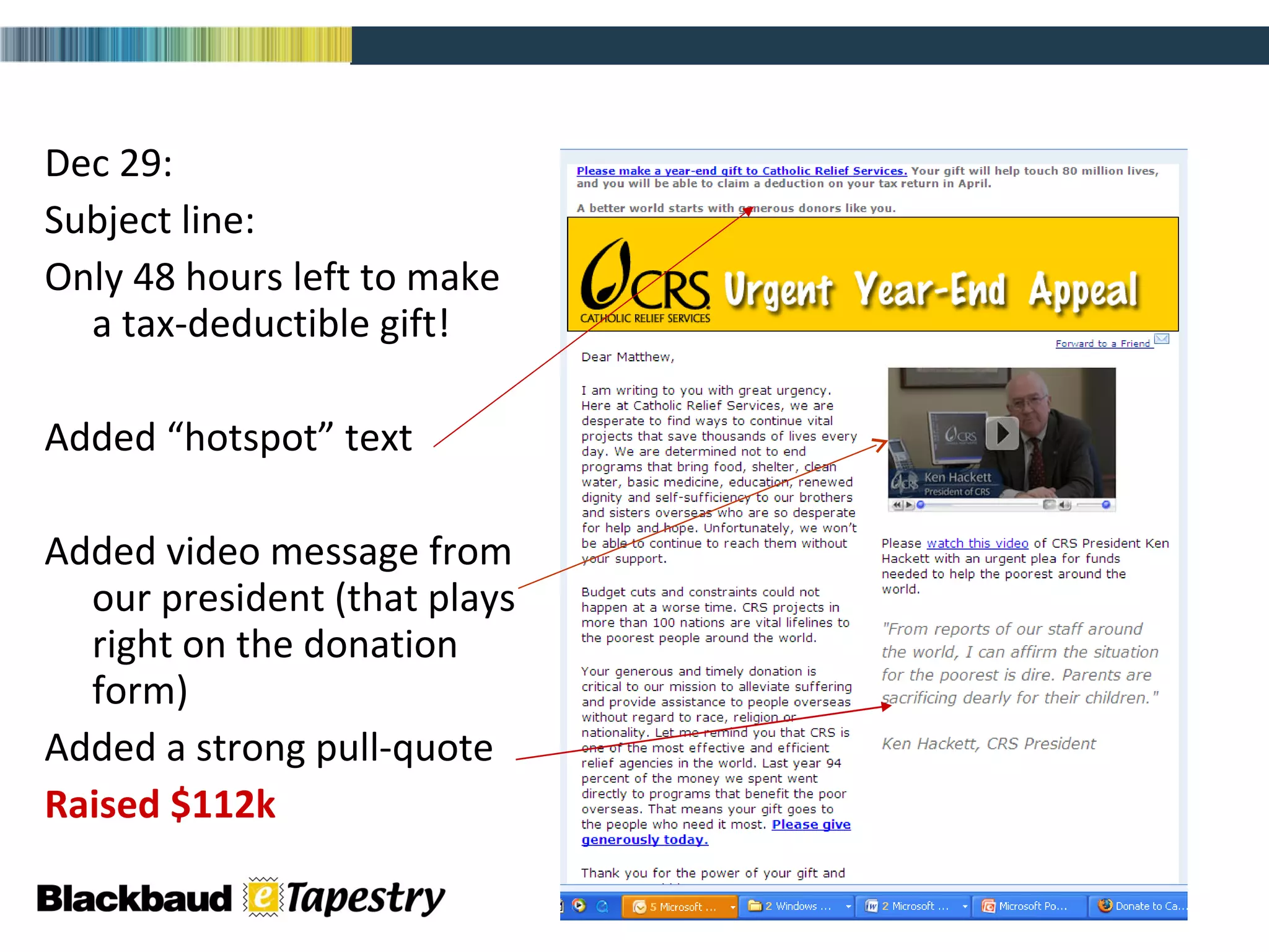 Dec 29: Subject line:  Only 48 hours left to make a tax-deductible gift! Added “hotspot” text Added video message from our president (that plays right on the donation form) Added a strong pull-quote Raised $112k Source: Laura Durington: CRS Social Media Presentation-AFP Maryland 