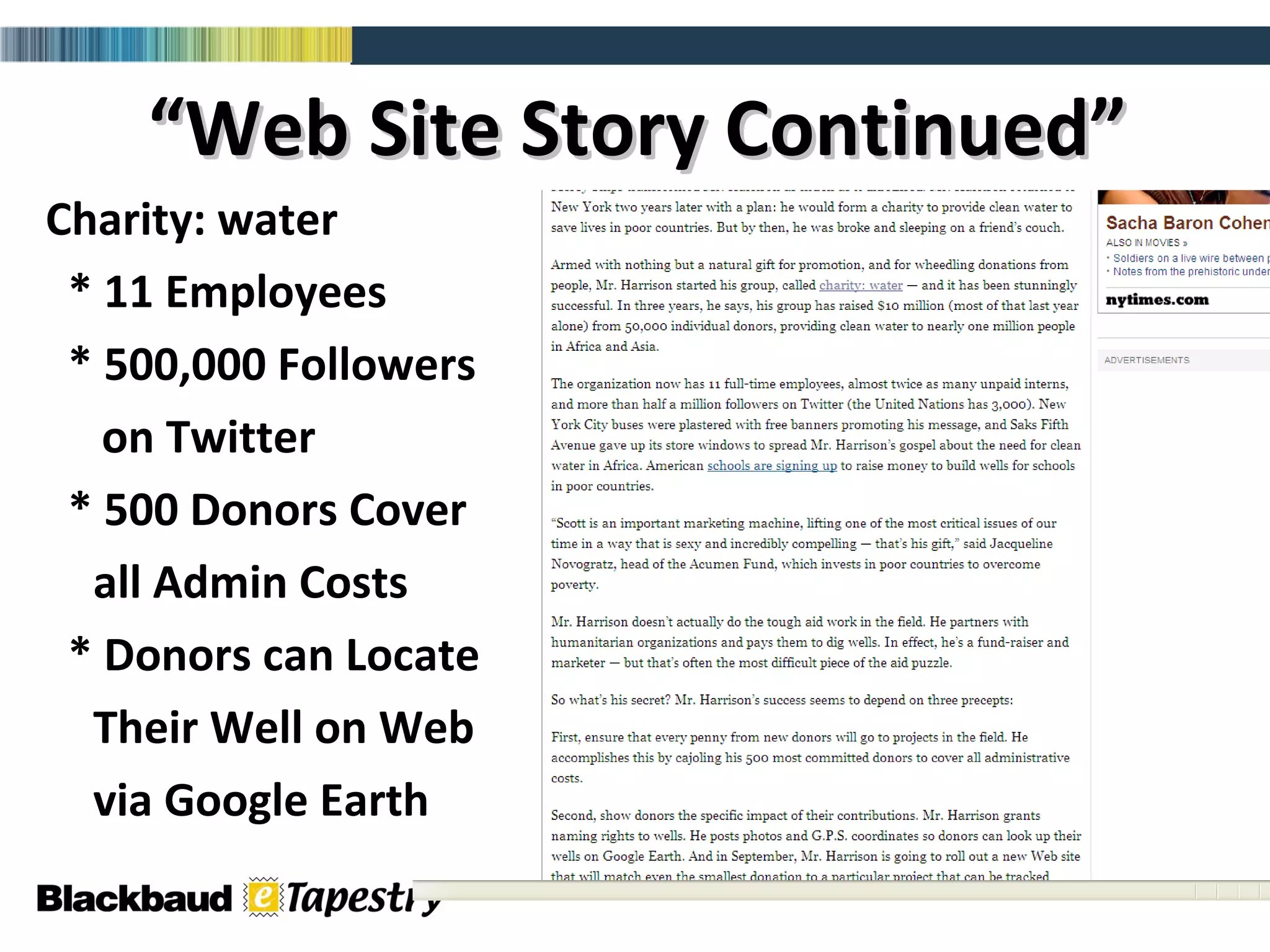 “ Web Site Story Continued” Charity: water * 11 Employees * 500,000 Followers  on Twitter * 500 Donors Cover all Admin Costs * Donors can Locate Their Well on Web via Google Earth 