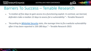 ● “a median of five days to gain access to a functioning exploit. In contrast, we learned,
defenders take a median 12 days to assess for a vulnerability.” – Tenable Research
● “According to WhiteHat Security stats, the average time to fix a website vulnerability
after it has been reported is 150-180 days.” – Tenable Research 2015
Barriers To Success – Tenable Research
10
 