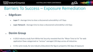 ● EdgeScan-
● Layer 7 - Average time to close a discovered vulnerability is 67 Days
● Layer Network - Average time to close a discovered vulnerability is 62 Days
● Denim Group
● A 2013 industry study from White Hat Security revealed that the “Mean Time to Fix” for web
application flaws categorized as “serious” averaged 193 days across all industries.
● In the same study, for one industry (Education) the figure jumped to 342 days of exposure
Barriers To Success – Exposure Remediation
11
 