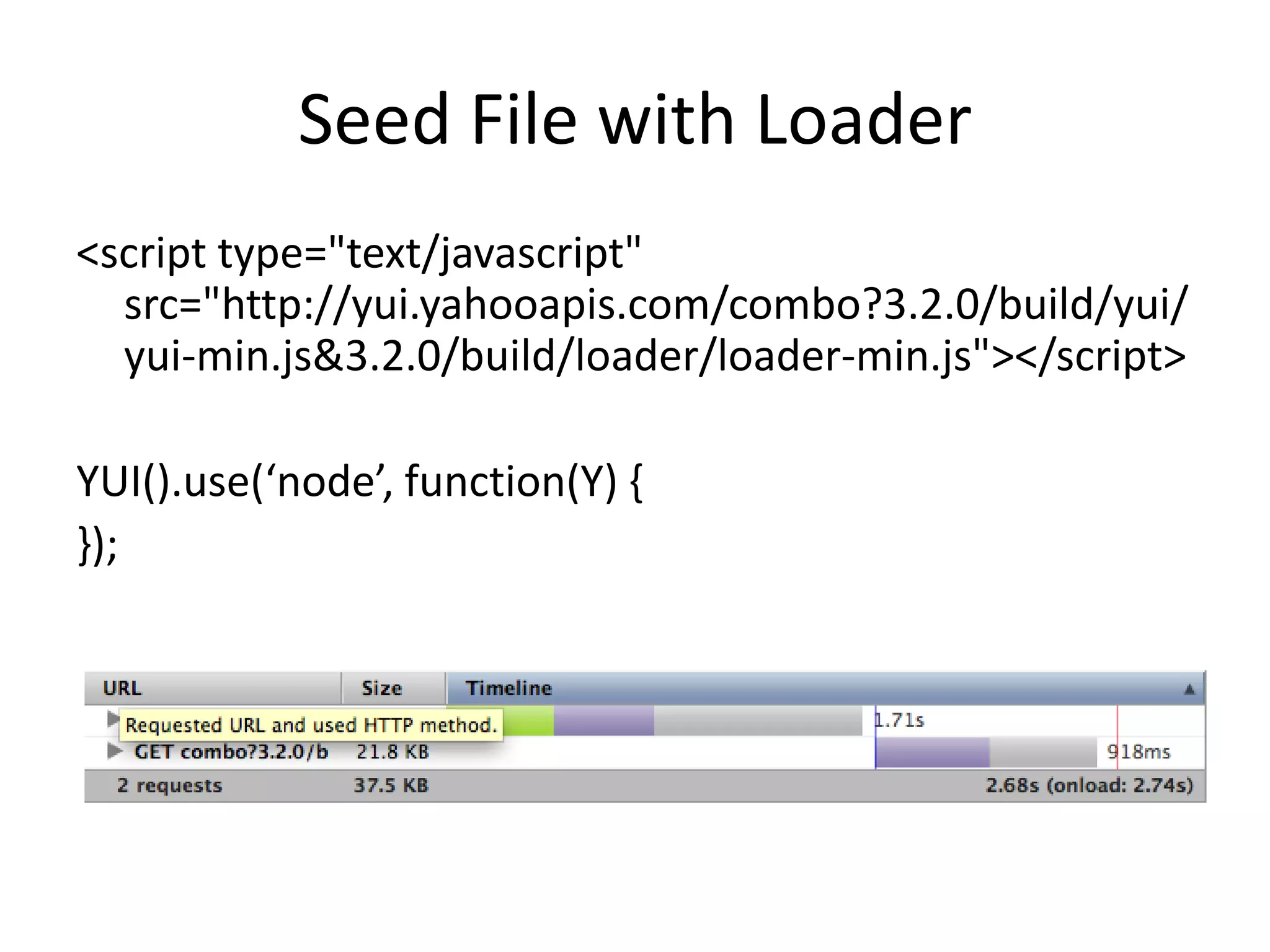 Seed File with Loader<script type="text/javascript" src="http://yui.yahooapis.com/combo?3.2.0/build/yui/yui-min.js&3.2.0/build/loader/loader-min.js"></script>YUI().use(‘node’, function(Y) {});