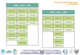 EMBRACO PRODUCT PORTFOLIO
FOR PROPANE
R290 _ 50 Hz _ LBP
EMT1117U NEK2121U NT2160U
EMT1121U NEK1121U NT2170U
EMT1125U NEK2125U NT2180U
EMT1130U NEK2134U NT2210U
EMT2117U NEK2150U
EMT2121U NEK1150U
EMT2130U NEK2160U
EMTE2134U VNEK207U
VNEK213U
R290 _ 50 Hz _ MBP
EMT6144U NEK6152U NT6217U
EMT6152U NEK6165U NT6220U
EMT6165U NEK6181U NT6222U
EMTE6181U NEK6210U NT6224U
NEK6213U
NEK6214U
NEK6217U
NEK6124U
 