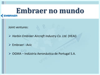 Embraer no mundo
Joint ventures:
 Harbin Embraer Aircraft Industry Co. Ltd. (HEAI)
 Embraer - Avic
 OGMA – Indústria Aeronáutica de Portugal S.A.
 