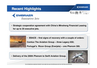 Recent Highlights



• Strategic cooperation agreement with China’s Minsheng Financial Leasing
 for up to 20 executive jets.



               • EBACE – first signs of recovery with a couple of orders:

               Comlux The Aviation Group – three Legacy 650;

               Portugal’s Ricon Group (Everjets) – one Phenom 300.



• Delivery of the 200th Phenom to Swift Aviation Group.


                                                                            4
 