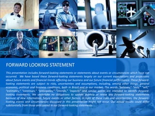 This information is property of Embraer and can not be used or reproduced without written permission.
This presentation includes forward-looking statements or statements about events or circumstances which have not
occurred. We have based these forward-looking statements largely on our current expectations and projections
about future events and financial trends affecting our business and our future financial performance. These forward-
looking statements are subject to risks, uncertainties and assumptions, including, among other things: general
economic, political and business conditions, both in Brazil and in our market. The words “believes,” “may,” “will,”
“estimates,” “continues,” “anticipates,” “intends,” “expects” and similar words are intended to identify forward-
looking statements. We undertake no obligations to update publicly or revise any forward-looking statements
because of new information, future events or other factors. In light of these risks and uncertainties, the forward-
looking events and circumstances discussed in this presentation might not occur. Our actual results could differ
substantially from those anticipated in our forward-looking statements
FORWARD LOOKING STATEMENT
 