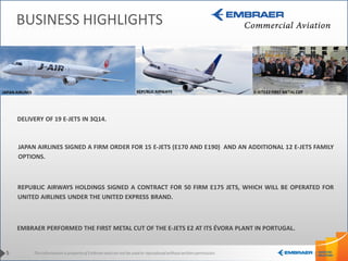 This information is property of Embraer and can not be used or reproduced without written permission. 
REPUBLIC AIRWAYS 
JAPAN AIRLINES 
BUSINESS HIGHLIGHTS 
JAPAN AIRLINES SIGNED A FIRM ORDER FOR 15 E-JETS (E170 AND E190) AND AN ADDITIONAL 12 E-JETS FAMILY OPTIONS. 
DELIVERY OF 19 E-JETS IN 3Q14. 
5 
REPUBLIC AIRWAYS HOLDINGS SIGNED A CONTRACT FOR 50 FIRM E175 JETS, WHICH WILL BE OPERATED FOR UNITED AIRLINES UNDER THE UNITED EXPRESS BRAND. 
EMBRAER PERFORMED THE FIRST METAL CUT OF THE E-JETS E2 AT ITS ÉVORA PLANT IN PORTUGAL. 
E-JETS E2 FIRST METAL CUT  