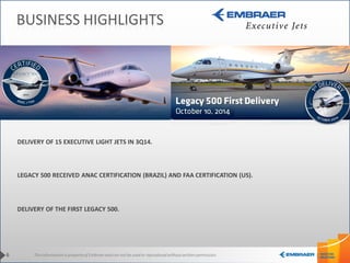 This information is property of Embraer and can not be used or reproduced without written permission. 
BUSINESS HIGHLIGHTS 
LEGACY 500 RECEIVED ANAC CERTIFICATION (BRAZIL) AND FAA CERTIFICATION (US). 
6 
DELIVERY OF 15 EXECUTIVE LIGHT JETS IN 3Q14. 
DELIVERY OF THE FIRST LEGACY 500.  
