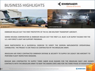 This information is property of Embraer and can not be used or reproduced without written permission. 
EMBRAER ROLLED OUT THE FIRST PROTOTYPE OF THE KC-390 MILITARY TRANSPORT AIRCRAFT. 
BUSINESS HIGHLIGHTS 
SIERRA NEVADA CORPORATION & EMBRAER ROLLED OUT THE FIRST U.S. BUILT A-29 SUPER TUCANO FOR THE U.S. AIR FORCE’S LIGHT AIR SUPPORT PROGRAM. 
BRADAR WAS CONTRACTED TO SUPPLY THREE SABER M-60 RADARS FOR THE BRAZILIAN NAVY AND SIGNED CONTRACTS WITH THE BRAZILIAN ARMY TO MAP THE AMAPA STATE AND FOR THE THIRD PHASE OF RADAR M200. 
8 
BRAZILIAN AIR FORCE CONTRACTED EMBRAER DEFENSE & SECURITY TO SUPPLY SIX LEGACY 500 AIRCRAFT TO PERFORM FLIGHT INSPECTION MISSIONS. 
SAVIS PARTICIPATED IN A SUCESSFULL EXERCISE TO VERIFY THE SISFRON IMPLEMENTED OPERATIONAL CAPABILITIES. THE PROJECT IS ON TRACK AS CONTRACTED BY THE BRAZILIAN ARMY. 
KC-390 ROLL OUT 
SUPER TUCANO ROLL OUT  