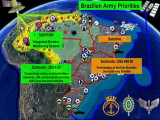 Brazilian Army Priorities



                          SISFRON
                                                                                           Satellite
                     Integrated Borders
                     Monitoring System



                                                                                    Estimate: US$ 400 M
                    Estimate: US$ 4 bi                                           Participation in the first Brazilian
                                                                                      Geostationary Satellite
               Comprising radars, communication
              networks, C4I, unmanned air vehicles
                  (UAV) and armored vehicles




                                                                                                                        9
IMD 082-A11                                    EMBRAER PROPRIETARY INFORMATION
 