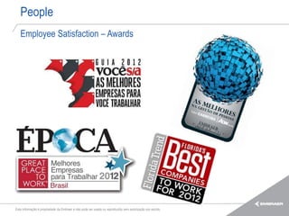 People
   Employee Satisfaction – Awards




Esta informação é propriedade da Embraer e não pode ser usada ou reproduzida sem autorização por escrito.
 