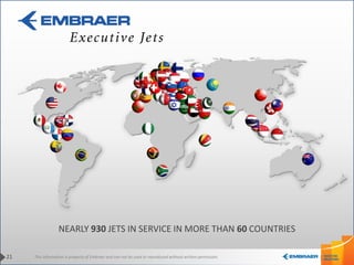 This information is property of Embraer and can not be used or reproduced without written permission.
NEARLY 930 JETS IN SERVICE IN MORE THAN 60 COUNTRIES
21
 