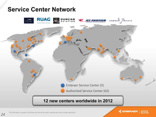 Service Center Network
24
Embraer Service Center (5)
Authorized Service Center (62)
12 new centers worldwide in 2012
 