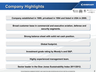Company Highlights Investment grade rating by Moody’s and S&P. Strong balance sheet with solid net cash position. Company established in 1969, privatized in 1994 and listed in USA in 2000. Sector leader in the Dow Jones Sustainability Index 2011/2012. Broad customer base in commercial and executive aviation, defense and security segments. Global footprint.  Highly experienced management team. 