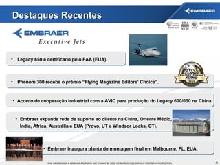 Embraer expande rede de suporte ao cliente na China, Oriente Médio,  Índia, África, Austrália e EUA (Provo, UT e Windsor Locks, CT). Embraer inaugura planta de montagem final em Melbourne, FL, EUA. Legacy 650 é certificado pelo FAA (EUA). Phenom 300 recebe o prêmio “Flying Magazine Editors’ Choice”. Acordo de cooperação industrial com a AVIC para produção do Legacy 600/650 na China. Destaques Recentes 