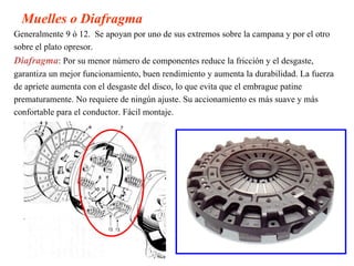 Muelles o Diafragma
Generalmente 9 ó 12. Se apoyan por uno de sus extremos sobre la campana y por el otro
sobre el plato opresor.
Diafragma: Por su menor número de componentes reduce la fricción y el desgaste,
garantiza un mejor funcionamiento, buen rendimiento y aumenta la durabilidad. La fuerza
de apriete aumenta con el desgaste del disco, lo que evita que el embrague patine
prematuramente. No requiere de ningún ajuste. Su accionamiento es más suave y más
confortable para el conductor. Fácil montaje.
 