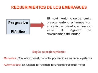 REQUERIMIENTOS DE LOS EMBRAGUES

                                 El movimiento no se transmita
   Progresivo                    bruscamente o a tirones con
                                 el vehículo parado, o cuando
                                 varía    el    régimen    de
     Elástico
                                 revoluciones del motor.




                      Según su accionamiento:

Manuales: Controlado por el conductor por medio de un pedal o palanca.

Automáticos: En función del régimen de funcionamiento del motor
 