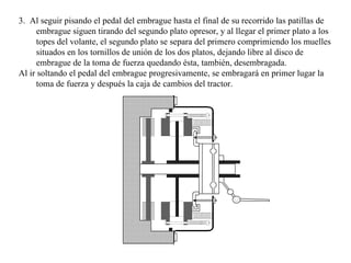 3. Al seguir pisando el pedal del embrague hasta el final de su recorrido las patillas de
      embrague siguen tirando del segundo plato opresor, y al llegar el primer plato a los
      topes del volante, el segundo plato se separa del primero comprimiendo los muelles
      situados en los tornillos de unión de los dos platos, dejando libre al disco de
      embrague de la toma de fuerza quedando ésta, también, desembragada.
Al ir soltando el pedal del embrague progresivamente, se embragará en primer lugar la
      toma de fuerza y después la caja de cambios del tractor.
 