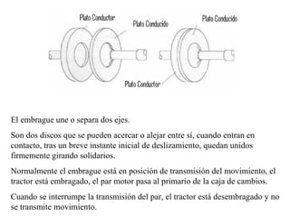El embrague une o separa dos ejes.
Son dos discos que se pueden acercar o alejar entre sí, cuando entran en
contacto, tras un breve instante inicial de deslizamiento, quedan unidos
firmemente girando solidarios.
Normalmente el embrague está en posición de transmisión del movimiento, el
tractor está embragado, el par motor pasa al primario de la caja de cambios.
Cuando se interrumpe la transmisión del par, el tractor está desembragado y no
se transmite movimiento.
 
