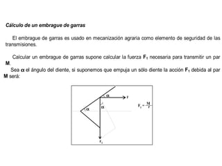 Sea α el ángulo del diente, si suponemos que empuja un sólo diente la acción F1 debida al par
M será:


                                               α      F

                                           α               F1 = M
                                                                r
                                    α




                                          F1
 