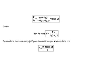F    tg α- tg ρ
                                 =               = tg(α- ρ)
                               F1 1 + tg α⋅ tg ρ

Como:

                                                     F ⋅r
                                M = F1 ⋅ r ⇒ M =
                                                   tg(α- ρ)

De donde la fuerza de empuje F para transmitir un par M viene dada por:

                                          M ⋅ tg(α- ρ)
                                     F=
                                                r
 