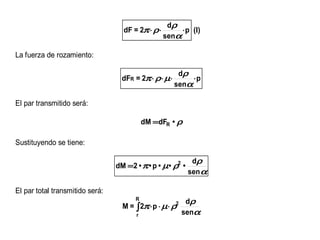 dρ
                                   dF = 2π ⋅ ρ⋅        ⋅p (I)
                                                  senα

La fuerza de rozamiento:

                                                       dρ
                                   dFR = 2π ⋅ ρ⋅ µ⋅        ⋅p
                                                      senα

El par transmitido será:

                                           dM =dFR • ρ

Sustituyendo se tiene:

                                                            dρ
                                 dM =2 • π • p • µ• ρ2 •
                                                           sen α

El par total transmitido será:
                                       R
                                                          dρ
                                   M = ∫ 2π ⋅p ⋅ µ⋅ ρ2
                                       r                 senα
 