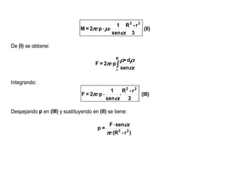 1 R3 - r3
                                M = 2π⋅p ⋅ µ⋅             (II)
                                              senα 3

De (I) se obtiene:

                                                  R
                                                      ρ• dρ
                                       F = 2π⋅p ∫
                                                  r   senα

Integrando:
                                             1    R2 - r 2
                                F = 2π⋅p ⋅      ⋅          (III)
                                           senα     2

Despejando p en (III) y sustituyendo en (II) se tiene:

                                              F ⋅ senα
                                        p=
                                             π⋅(R 2 - r 2 )
 