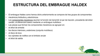 ESTRUCTURA DEL EMBRAGUE HALDEX
• El embrague Haldex como hemos dicho anteriormente se compone de tres grupos de componentes:
• mecánicos,hidráulico,y electrónicos.
• Los componentes mecánicos asumen la función de transmitir el par de tracción, procedente del árbol
cardán, al diferencial trasero mediante un embrague multidisco.
• Las piezas que forman los componentes mecánicos se agrupan en:
• el árbol de entrada
• los discos interiores y exteriores (conjunto mutídisco)
• el disco de leva
• los cojinetes de rodillos con el émbolo anular
• el árbol de salida
 