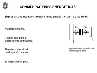 CONSIDERACIONES ENERGETICAS   Expresando la ecuación de movimiento para la inercia 1 y 2 se tiene: Tiempo total para la operación de embragado. Energía total disipada. Velocidad relativa. Rapidez o intensidad de disipación de calor. Representación dinámica de un embrague o freno. 