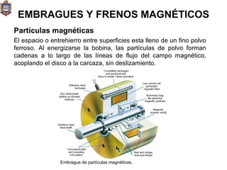 EMBRAGUES Y FRENOS MAGNÉTICOS El espacio o entrehierro entre superficies esta lleno de un fino polvo ferroso. Al energizarse la bobina, las partículas de polvo forman cadenas a lo largo de las líneas de flujo del campo magnético, acoplando el disco a la carcaza, sin deslizamiento.  Partículas magnéticas   Embrague de partículas magnéticas.  