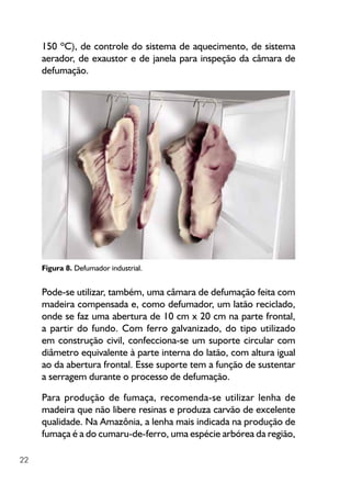 22
Figura 8. Defumador industrial.
150 ºC), de controle do sistema de aquecimento, de sistema
aerador, de exaustor e de janela para inspeção da câmara de
defumação.
Pode-se utilizar, também, uma câmara de defumação feita com
madeira compensada e, como defumador, um latão reciclado,
onde se faz uma abertura de 10 cm x 20 cm na parte frontal,
a partir do fundo. Com ferro galvanizado, do tipo utilizado
em construção civil, confecciona-se um suporte circular com
diâmetro equivalente à parte interna do latão, com altura igual
ao da abertura frontal. Esse suporte tem a função de sustentar
a serragem durante o processo de defumação.
Para produção de fumaça, recomenda-se utilizar lenha de
madeira que não libere resinas e produza carvão de excelente
qualidade. Na Amazônia, a lenha mais indicada na produção de
fumaça é a do cumaru-de-ferro, uma espécie arbórea da região,
 