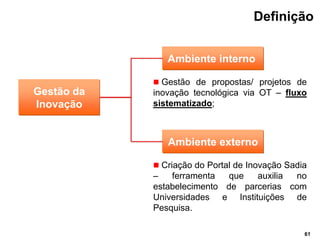 Definição


               Ambiente interno

             Gestão de propostas/ projetos de
Gestão da   inovação tecnológica via OT – fluxo
Inovação    sistematizado;



               Ambiente externo

             Criação do Portal de Inovação Sadia
            –   ferramenta  que   auxilia no
            estabelecimento de parcerias com
            Universidades e Instituições de
            Pesquisa.

                                                61
 