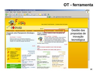 OT - ferramenta




    Gestão das
   propostas de
     inovação
    tecnológica




                  62
 