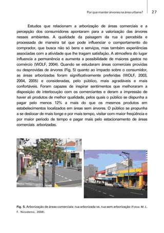 27Por que manter árvores na área urbana?
Estudos que relacionam a arborização de áreas comerciais e a
percepção dos consumidores apontaram para a valorização das árvores
nesses ambientes. A qualidade da paisagem da rua é percebida e
processada de maneira tal que pode influenciar o comportamento do
comprador, que busca não só bens e serviços, mas também experiências
associadas com a atividade que lhe tragam satisfação. A atmosfera do lugar
influencia a permanência e aumenta a possibilidade de maiores gastos no
comércio (WOLF, 2004). Quando se estudaram áreas comerciais providas
ou desprovidas de árvores (Fig. 5) quanto ao impacto sobre o consumidor,
as áreas arborizadas foram significativamente preferidas (WOLF, 2003,
2004, 2005) e consideradas, pelo público, mais agradáveis e mais
confortáveis. Foram capazes de inspirar sentimentos que melhoraram a
disposição de interlocução com os comerciantes e deram a impressão de
haver ali produtos de melhor qualidade, pelos quais o público se dispunha a
pagar pelo menos 12% a mais do que os mesmos produtos em
estabelecimentos localizados em áreas sem árvores. O público se propunha
a se deslocar de mais longe e por mais tempo, visitar com maior freqüência e
por maior período de tempo e pagar mais pelo estacionamento de áreas
comerciais arborizadas.
Fig. 5. Arborização de áreas comerciais: rua arborizada vs. rua sem arborização (Fotos: M. L.
F. Nicodemo, 2008).
 
