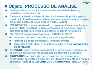 12
 Objeto: PROCESSO DE ANÁLISE
 Qualquer técnica nunca é isenta de intencionalidade Política,
consciente ou inconsciente
 A ética articulando a dimensão técnica à dimensão política para a
construção transformadora do bem comum representado, em nosso
caso, pela gestão da coisa pública (HELLO, 2009)
 EMERGÊNCIAS: o saber construído, o novo significado, a autoria, a
subjetividade resgatada, o desejo escutado, a nova motivação, o
comprometimento, o vínculo, a sinergia, o prazer no trabalho
 PROPOMOS desdobramentos de um SABER EXIGENTE:
 novas estruturas / conexões / insights / significados
 relações de poder inovadoras / empoderamento
 privilegiar o individual, o singular e o subjetivo na composição
de coletivos!
 QUESTÃO: como conciliar necessidades, demandas e desejos com
exigências administrativas crescentes de controle e produção?
 PROPOMOS: a construção de um coletivo que dispense a
necessidade de controles externos, privilegiando seu ethos e modus
operandi: PRÁXIS E DISCURSOS CONSONANTES! (HELLO, 2009)
 