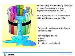 Lei de Liebig (dos Mínimos), ampliada 
e georreferenciada, que visa 
regularizar os teores no solo ... 
mas a própria Lei dos Mínimos tem 
sido restrita à química do solo! 
Outros fatores de produção devem 
ser lembrados: 
Prof. J. P. Molin 
compactação do solo 
pragas 
doenças 
densidade populacional 
… 
 