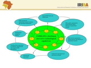 EMBRAPA’s distributed innovative technological capabilities 
Public and private international research institutes and speciliased laboratories 
Multinational enterprises (MNEs) 
Training centres specialised in technical, organisational and anagerial skills development 
International universities 
Federal-level and state-level universities in Brazil 
Internal R&D units and related areas 
Other public organisations related directly and/or indirectly to agricultural research 
Other private organisations 
Related directly and indirectly to agricultural research  