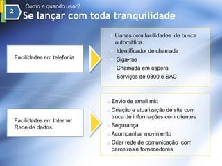 Como e quando usar?
   Se lançar com toda tranquilidade
                                Linhas com facilidades de busca
                                 automática.
                                Identificador de chamada
Facilidades em telefonia        Siga-me
                                Chamada em espera
                                Serviços de 0800 e SAC



                              Envio de email mkt
                              Criação e atualização de site com
                               troca de informações com clientes
Facilidades em Internet
Rede de dados                 Segurança
                              Acompanhar movimento
                              Criar rede de comunicação com
                               parceiros e fornecedores
 
