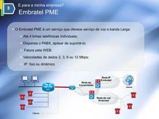 E para a minha empresa?
   Embratel PME

 O Embratel PME é um serviço que oferece serviço de voz e banda Larga:
     Até 4 linhas telefônicas individuais;
     Dispensa o PABX, apesar de suportá-lo;

     Fatura pela WEB;

     Velocidades de dados 2, 3, 6 ou 12 Mbps;
     IP fixo ou dinâmico


                                                                Rede IP
                                                               Embratel
                                                 Rede de
                                              transmissão
                                                                          Internet
                      CPE



                                                            Rede de voz
                                                             Embratel




            Cliente
 