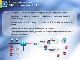 E para a minha empresa?
    VIP Empresarial PLUS

 Vip Empresarial PLUS é uma oferta convergente de voz e dados que oferece:

     Telefonia (Local e Longa Distância) com 14 linhas e possibilidade de até 50
      ramais (DDR)
     Internet Banda Larga 960 Kbps com garantia de 10%, 8 Ips fixos e simetria de
      banda
     Meio de acesso único compartilhado entre voz e dados
     Compromisso mínimo mensal, podendo ser compartilhado com demais sites e
      telefones cadastrados

                                                           Rede IP
                                                          Embratel
                                            Rede de
                                         transmissão
                                                                       Internet
                      CPE



                                                       Rede de voz
                                                        Embratel




            Cliente
 