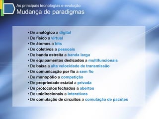 As principais tecnologias e evolução
Mudança de paradigmas


      • De analógico a digital
      • De físico a virtual
      • De átomos a bits
      • De coletivos a pessoais
      • De banda estreita a banda larga
      • De equipamentos dedicados a multifuncionais
      • De baixa a alta velocidade de transmissão
      • De comunicação por fio a sem fio
      • De monopólio a competição
      • De propriedade estatal a privada
      • De protocolos fechados a abertos
      • De unidirecionais a interativos
      • De comutação de circuitos a comutação de pacotes
 