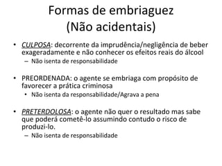 Formas de embriaguez (Não acidentais) CULPOSA : decorrente da imprudência/negligência de beber exageradamente e não conhecer os efeitos reais do álcool Não isenta de responsabilidade PREORDENADA: o agente se embriaga com propósito de favorecer a prática criminosa Não isenta da responsabilidade/Agrava a pena PRETERDOLOSA : o agente não quer o resultado mas sabe que poderá cometê-lo assumindo contudo o risco de produzi-lo. Não isenta de responsabilidade 