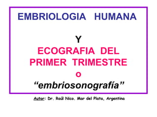 EMBRIOLOGIA HUMANA

          Y
   ECOGRAFIA DEL
 PRIMER TRIMESTRE
          o
  “embriosonografía”
  Autor: Dr. Raúl Nico. Mar del Plata, Argentina
 