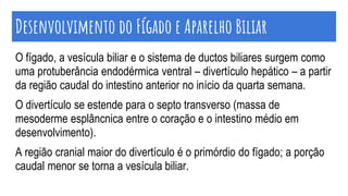 O fígado, a vesícula biliar e o sistema de ductos biliares surgem como
uma protuberância endodérmica ventral – divertículo hepático – a partir
da região caudal do intestino anterior no início da quarta semana.
O divertículo se estende para o septo transverso (massa de
mesoderme esplâncnica entre o coração e o intestino médio em
desenvolvimento).
A região cranial maior do divertículo é o primórdio do fígado; a porção
caudal menor se torna a vesícula biliar.
Desenvolvimento do Fígado e Aparelho Biliar
 
