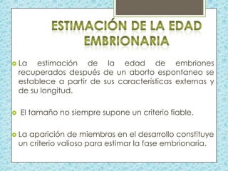  La

estimación de la edad de embriones
recuperados después de un aborto espontaneo se
establece a partir de sus características externas y
de su longitud.



El tamaño no siempre supone un criterio fiable.

 La

aparición de miembros en el desarrollo constituye
un criterio valioso para estimar la fase embrionaria.

 