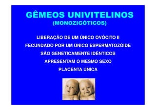 GÊMEOS UNIVITELINOS
         (MONOZIGÓTICOS)

   LIBERAÇÃO DE UM ÚNICO OVÓCITO II
FECUNDADO POR UM ÚNICO ESPERMATOZÓIDE
     SÃO GENETICAMENTE IDÊNTICOS
      APRESENTAM O MESMO SEXO
           PLACENTA ÚNICA
 