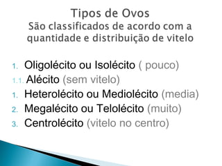 1. Oligolécito ou Isolécito ( pouco) 
1.1. Alécito (sem vitelo) 
1. Heterolécito ou Mediolécito (media) 
2. Megalécito ou Telolécito (muito) 
3. Centrolécito (vitelo no centro) 
 