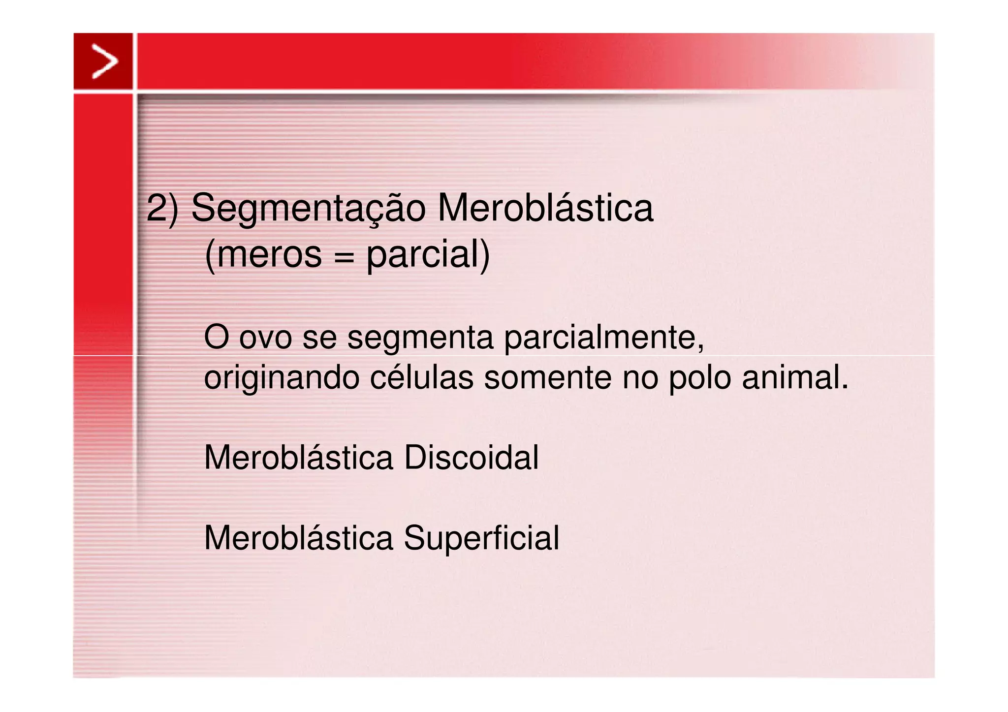 2) Segmentação Meroblástica
(meros = parcial)
O ovo se segmenta parcialmente,
originando células somente no polo animal.
Meroblástica Discoidal
Meroblástica Superficial