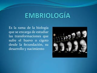 Es la rama de la biología
que se encarga de estudiar
las transformaciones que
sufre el huevo o cigoto
desde la fecundación, su
desarrollo y nacimiento
 