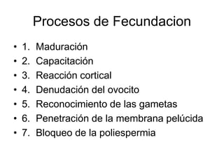 Procesos de Fecundacion
• 1. Maduración
• 2. Capacitación
• 3. Reacción cortical
• 4. Denudación del ovocito
• 5. Reconocimiento de las gametas
• 6. Penetración de la membrana pelúcida
• 7. Bloqueo de la poliespermia
 